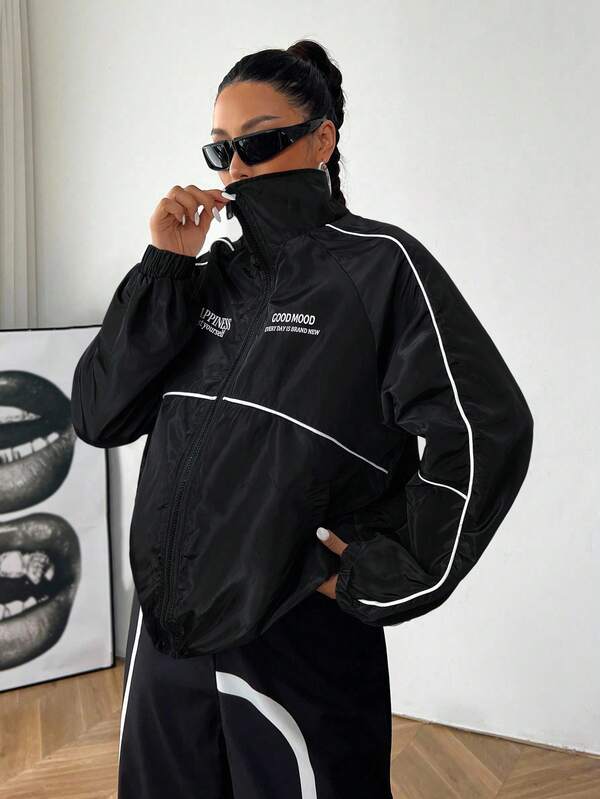 SHEIN EZwear Women's Fall Casual Zip Up Black Woven Jacket Cover Up Jacket Wind Breaker Jacket Oversized Jacket Jacket Y2k Windbreaker Jacket