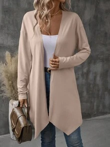 EMERY ROSE Women's Lapel Mid-Length Jacket With Asymmetrical Hem, Commuter Style - Apricot - View 6