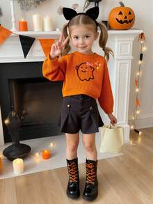 SHEIN Vintaside Kids Baby Girls' Cute Halloween Burnt Orange Sweater With Ghost & Floral Pattern,Autumn Knitted Long Sleeve Pullover,Matching Family Soft Casual Pullover - Coral Orange - View 9