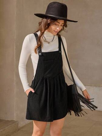 Wildy Casual American Country Style Corduroy Overalls Black Jumpsuit, Back To School Outfit For Women