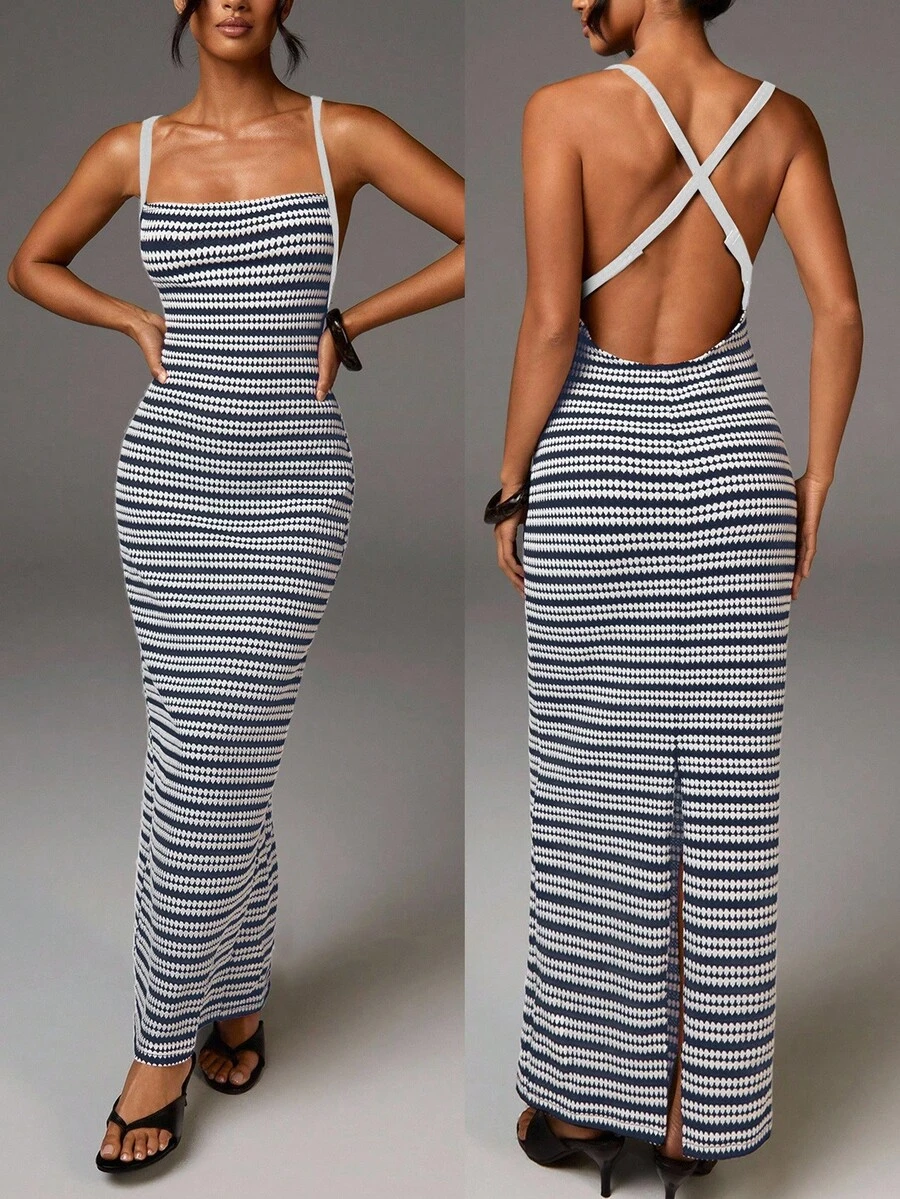 Athîral Vestido de verano de mujer con rayas, cruce en la espalda y abertura lateral - Azul - Ver 1