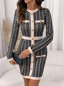 SHEIN Clasi 女式圆领针织弹力修身长袖黑色格子几何图案撞色金属纽扣优雅日常休闲通勤迷你连衣裙，秋冬