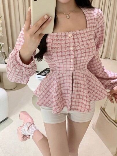 DAZY Women's Plaid Ruffle Collar Blouse, Autumn Long Sleeve Top