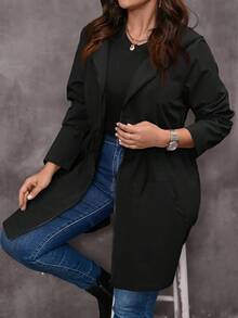 EMERY ROSE Chaqueta larga con capucha con cremallera, cintura con cordón, unicolor, estilo casual y cómodo para mujer de talla grande - Negro - Ver 1