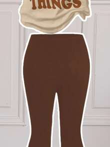 SHEIN Bộ 2 chiếc áo thun cổ tròn tay ngắn in họa tiết mặt cười và thái độ phong cách thường ngày thanh lịch dành cho bé gái tuổi teen và quần ống loe, phù hợp cho mùa thu/đông - Nhiều màu - Xem 4