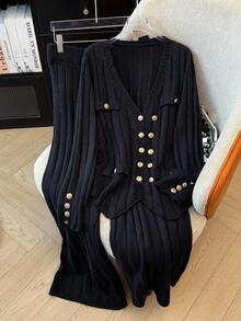 GlowEve CURVE 大码女式金属色双排扣长袖针织开衫和针织裤休闲套装，秋季