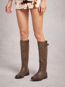 SHUZIA Women's Buckle Strap Round Toe Chunky Heel Knee-High Moto Boots – Versatile, & Comfortable