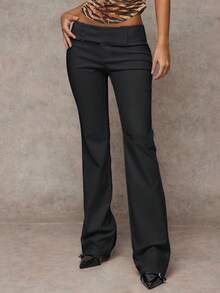 SHEIN BAE Women Solid Color Commuter Casual/Fashionable Outing/Versatile Casual/Old Money Style Pockets Elastic Waist Loose Wide Leg Pants, Suitable For Work, Office, Low-Waisted, Autumn/Winter Business Casual Woman Pants