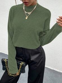 SHEIN Unity Sweater Wanita Kasual Warna Polos Leher Bulat Lengan Kelelawar, Musim Gugur/Dingin - Hijau Tentara - View 4
