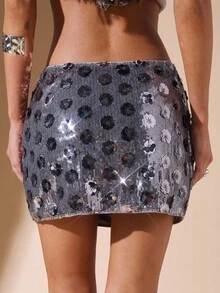 SHEIN BAE Váy ngắn bó sát đính sequin hoa 3D lấp lánh màu bạc thanh lịch dành cho nữ, thích hợp cho tiệc đơn, tiệc cocktail, tiệc lễ hội, tiệc sinh nhật, giáng sinh, halloween - Bạc - Xem 2
