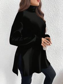 SHEIN LUNE 2 件大码高领宽松长袖黑白 T 恤套装，适合秋冬季 - 黑與白 - 查看 9