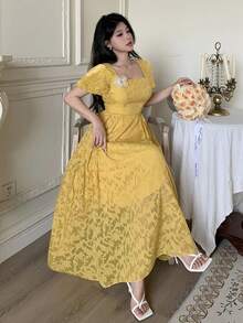 Modelyn Váy nữ hở eo màu vàng có viền xòe trang trí hoa 3D - Màu vàng - Xem 4