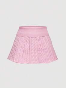 SHEIN MOD Women's Autumn Cable Cable Pattern Waist Fold Knitted Short Skirt,Halloween,Back To School,Y2k - Pink - View 3