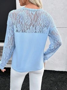 SHEIN Blusa holgada de cuello redondo con parches de encaje elegante y casual para mujeres - Azul - Ver 2