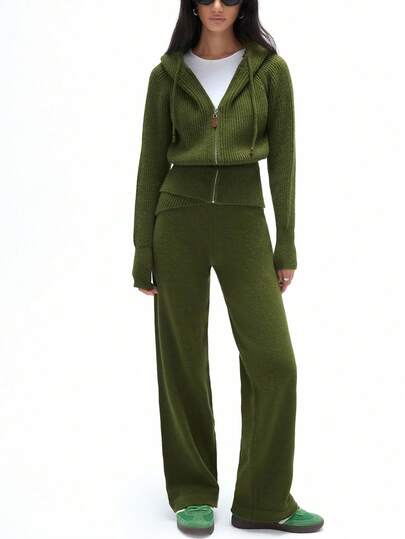 Aveloria Affinna Women's Drawstring Hooded Top And Loose Pants Knit Two Pieces Set