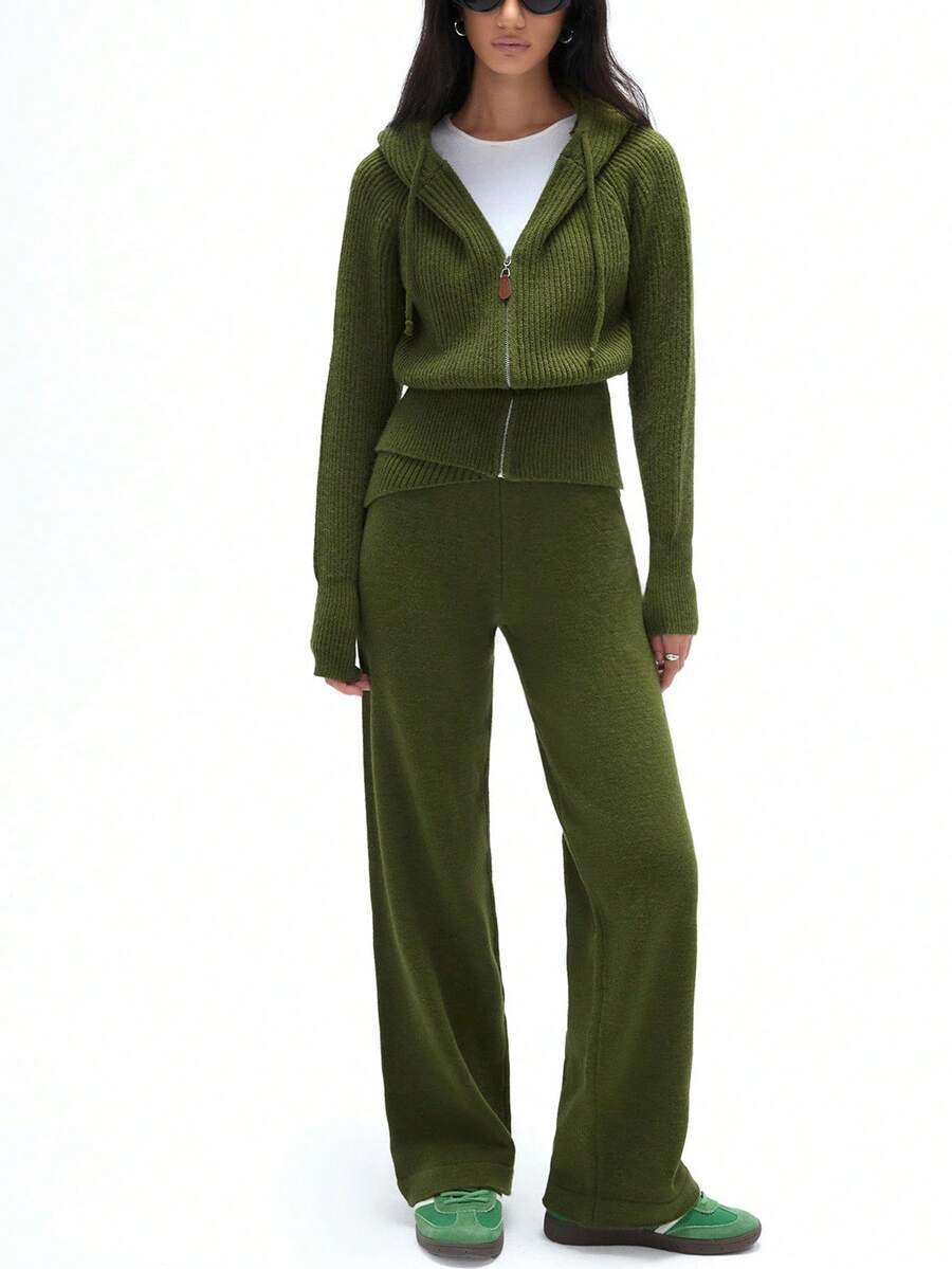 Aveloria Affinna Women's Drawstring Hooded Top And Loose Pants Knit Two Pieces Set - Army Green - View 1