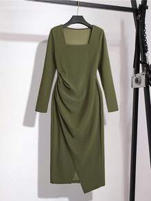 Franclia 女式秋季方领收腰开衩下摆连衣裙 - 軍綠色 - 查看 4