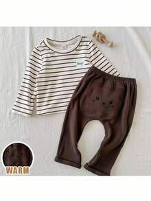 Loomiva 2 件套男婴/女婴秋季服装，简约条纹可爱熊动物图案，柔软针织圆领长袖套头衫和松紧腰裤套装，休闲百搭，适合秋冬 - 彩色 - 查看 6