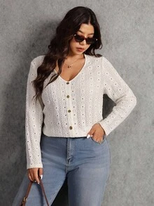 Elaquor Plus Size Women's Fashionable & Elegant Eyelet Embroidery V-Neck T-Shirt Eyelet Top For Women White Cardigan