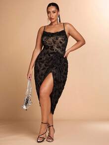 SHEIN BAE 大码女式植绒垂坠领长款吊带裙，适合初秋/秋冬季 - 黑色 - 查看 5