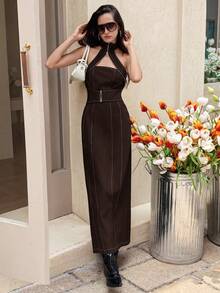 GENKIRA Women's Fashionable Backless Halter Dress For Summer - Dark Brown - View 3