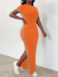 EMERY ROSE Women's Slim Fit Round-Neck Contrasting Color Trim Split Dress For Spring And Summer Maxi Women Outfit