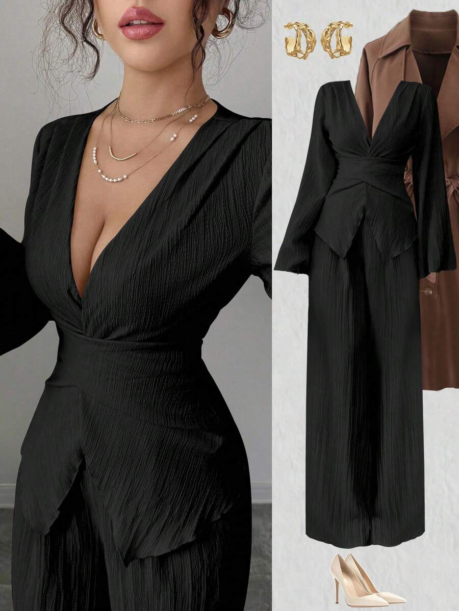 Elenzga 新款春秋季纹理奶油黄色女装，法式 V 领系带腰喇叭袖衬衫，蝴蝶结后背和高腰阔腿裤两件套，经典百搭，适合日常、通勤、度假、约会、派对 - 黑色 - 查看 1