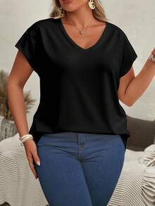 EMERY ROSE Plus Size Women's Casual Everyday Commute Simple Versatile Solid Black V-Neck Batwing Short Sleeve Loose T-Shirt
