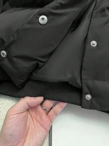 SHEIN 青少年女孩休闲宽松短款立领棉衣，简约风格，适合秋冬季、返校季 - 黑色 - 查看 7