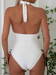 Swim Chiccia Summer Beach Solid Color One-Piece Swimsuit - White - View 3