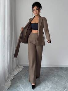 Elenzga Women's Elegant & Sophisticated Autumn/Winter Office Commute 2 Pieces Suit Set: Long Sleeve Blazer Jacket With Metal Decor + Wide Leg Pants, Deep Brown - Brown - View 7