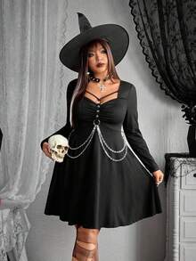 SHEIN Whyspr Grunge Punk Plus Size Fashionable Dark Goth Chain Decor Dress Fall Cloth For Women - Black - View 6