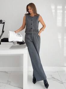 Siren Gaze 女士单排扣马甲裤套装，秋冬款 - 灰色 - 查看 6