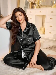 Valentines Plus Heart Embroidery Contrast Piping Satin Top & Pants PJ Set, Pajama Set