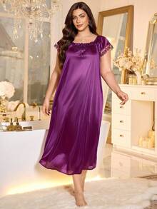 LuxeNights Plus Contrast Lace Tie Front Sleep Nightdress, Long Dress, Moo Moo