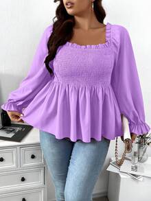 Celure Blusa con cuello cuadrado, mangas acampanadas y volante en la cintura, top con volante