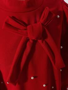 女孩优雅简约时尚淑女立领落肩长袖宽松短款连衣裙，3D 蝴蝶结和珍珠设计，圣诞红 - 紅色 - 查看 7