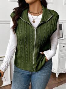 EMERY ROSE Plus Size Women Solid Color Knitted Mock Neck Cable Knit Collegiate Style Zip Front Vest, Autumn/Winter - Olive Green - View 4