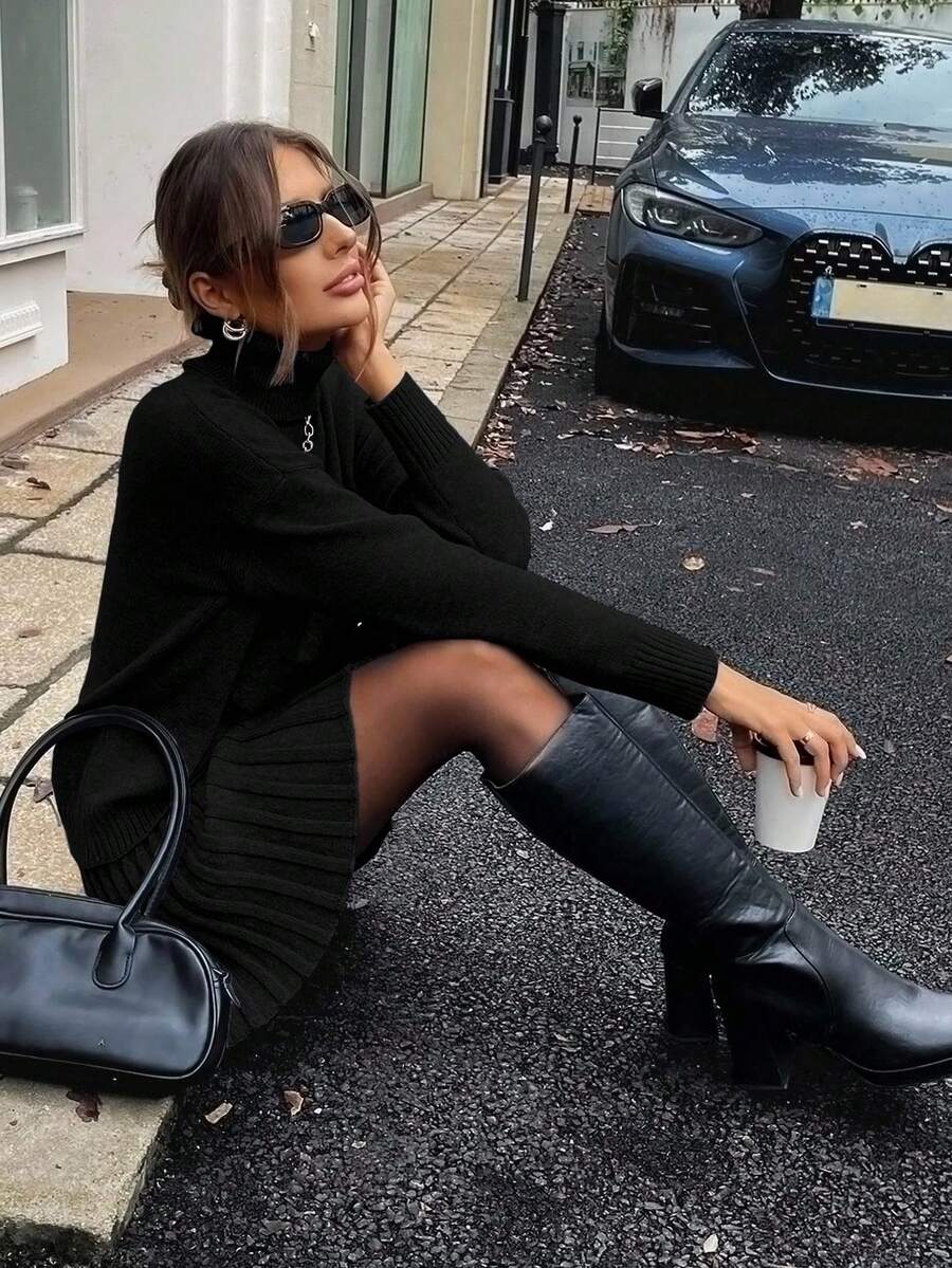 SHEIN Clasi Women High Neck Long Sleeve Solid Color Sweater Top & Mini Skirt 2 Pieces Set - Black - View 1