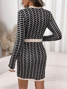 SHEIN Clasi 女式圆领针织弹力修身长袖黑色格子几何图案撞色金属纽扣优雅日常休闲通勤迷你连衣裙，秋冬
