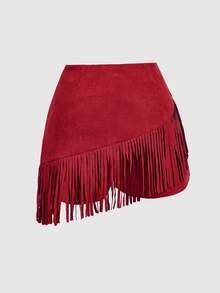 SHEIN MOD Plus Size Women's Red Suede Fringe 2 Pieces Set, Music Festival Outfit, Western Outfit