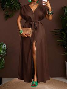 Veslaya Plus Size Solid Color Front Button Belted Short Sleeve Dress - Brown - View 11