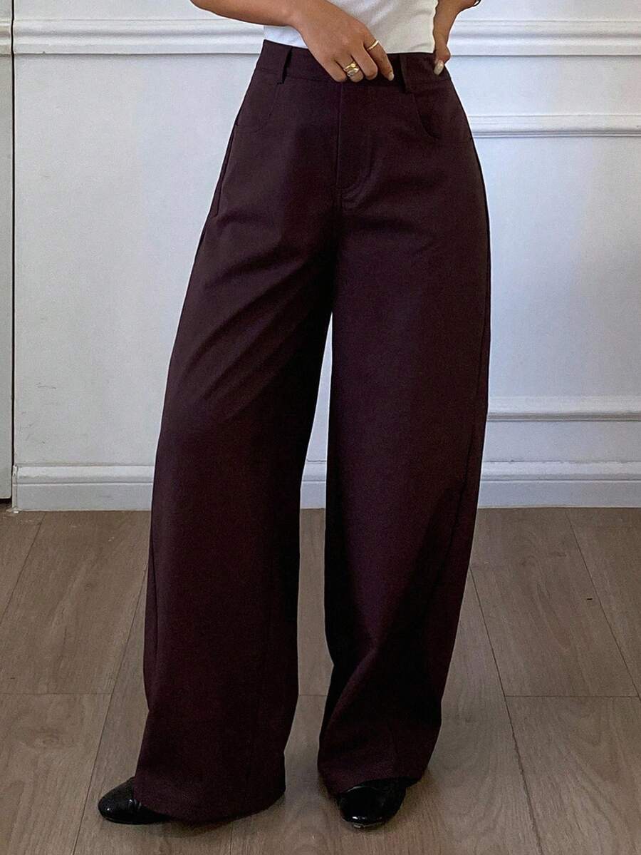 Livesso 女士宽松休闲商务直筒裤，简约时尚，适合办公室穿着，棕色，秋冬 - 棕色 - 查看 1