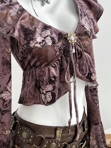 SHEIN Unity Women's Butterfly Print Tie-Front Blouse With Metallic Rhinestone Embellished Flare Sleeves, Luxurious & Elegant - Burgundy - View 3