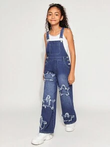 Radiana Tween 女童 Y2K 时尚休闲石洗磨边星星图案牛仔工装裤（不含背心），Tween 女童返校服装 - 中等水洗藍 - 查看 4