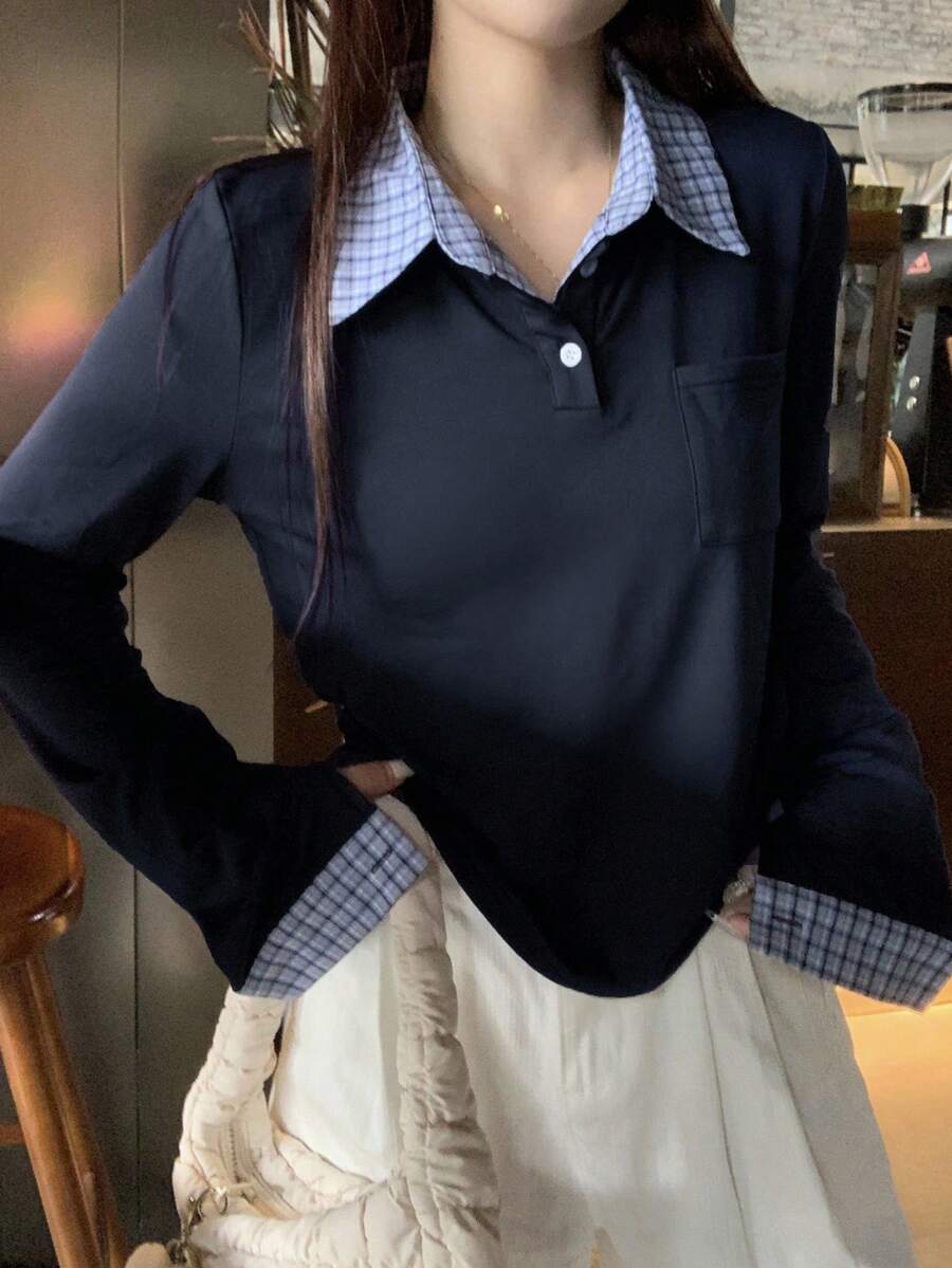 DAZY Women Polo Long Sleeve T-Shirt In Solid Color,Fall Clothes