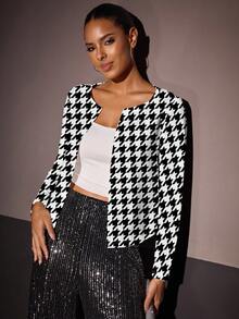 Glamance ORANGE STUDIO Houndstooth Print Casual Minimalist Women Jacket, Suitable For Office Wear In Autumn Houndstooth Jacket Cropped Blazer Crop Jacket Women Cropped Cardigan Checkered Jacket Chic Stylish Clothing Collection - Multicolor - View 4