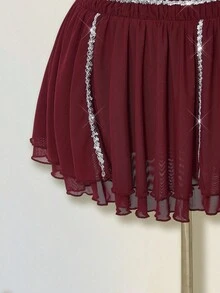 SHEIN ICON Damen Rotes Paillettenbesatz Geraffter Mehrlagiger Rüschen Saum Taillengegürtetes Party Minikleid - Rot - Übersicht 5
