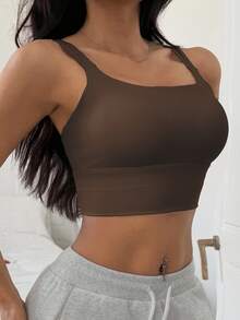 DAZY Sujetador deportivo y camiseta de lencería minimalista de unicolor y de peso ligero para actividades de las mujeres - Café integral - Ver 5