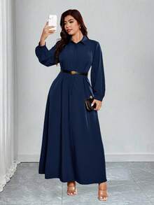 Rometta Plus Size Elegant Solid Color Lantern Sleeve Dress, Suitable For Commuting - Navy Blue - View 1